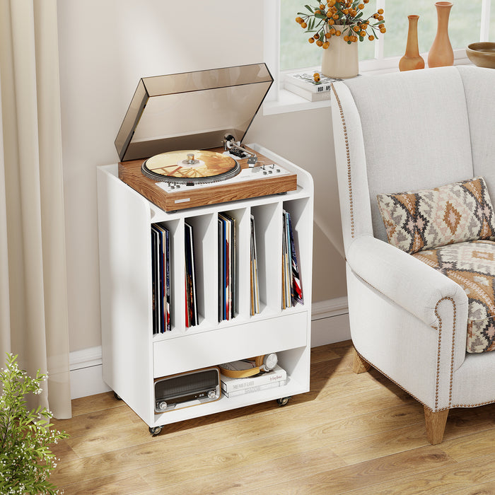 Record Player Stand On Wheels with 5 Compartments for Living Room Bedroom-