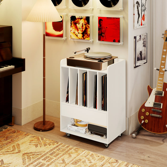 Record Player Stand On Wheels with 5 Compartments for Living Room Bedroom-