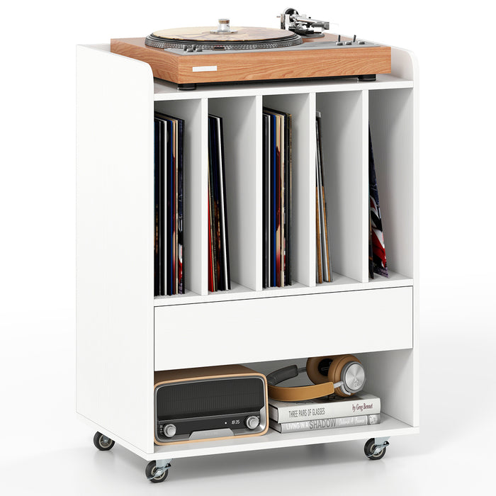 Record Player Stand On Wheels with 5 Compartments for Living Room Bedroom-