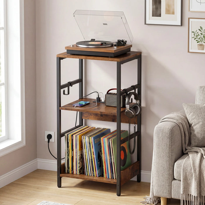 Record Player Stand with Charging Station and Vinyl Storage Holder for Living Room-