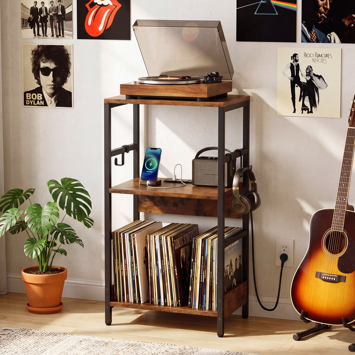 Record Player Stand with Charging Station and Vinyl Storage Holder for Living Room-
