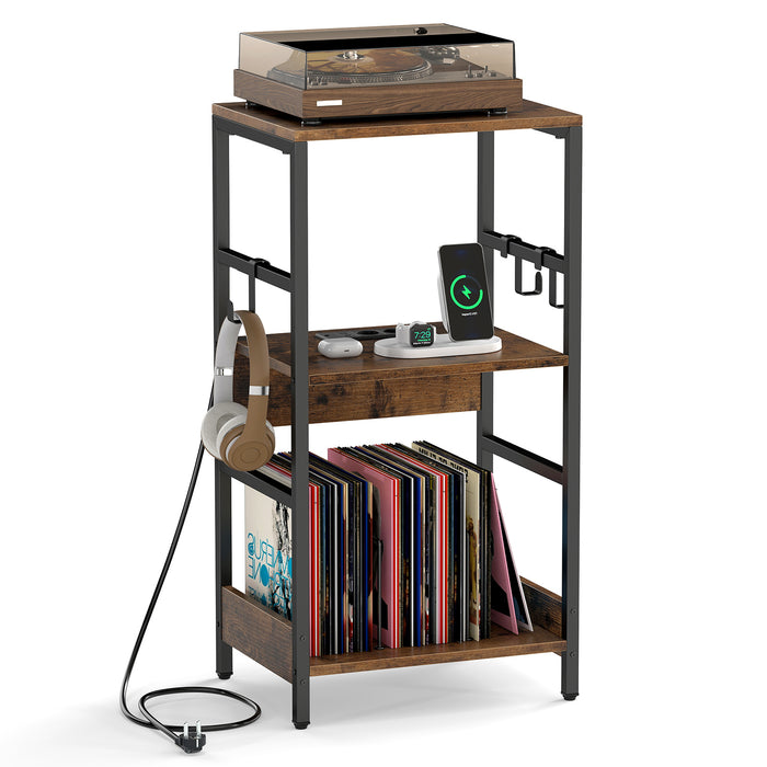 Record Player Stand with Charging Station and Vinyl Storage Holder for Living Room-