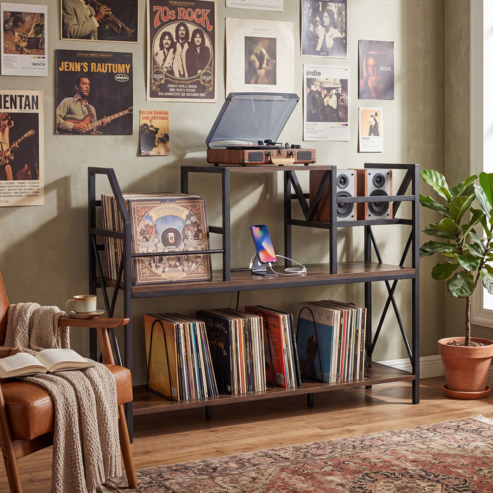 Record Player Stand with Vinyl Storage Power Outlets and Dividers for Albums-