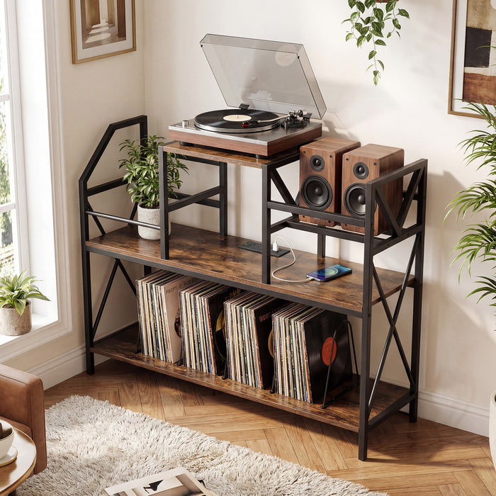 Record Player Stand with Vinyl Storage Power Outlets and Dividers for Albums-