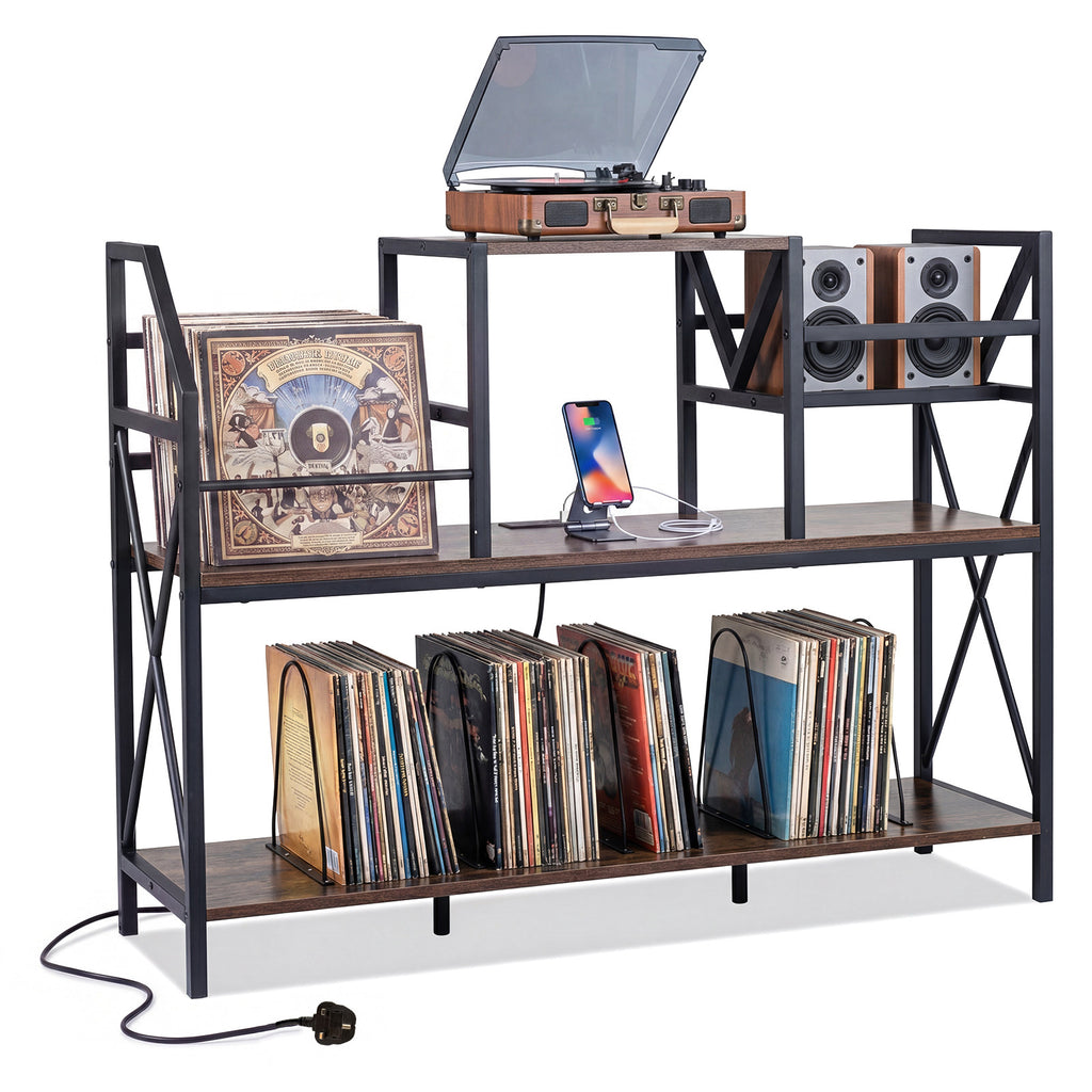 Record Player Stand with Vinyl Storage Power Outlets and Dividers for Albums-
