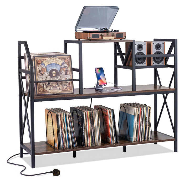 Record Player Stand with Vinyl Storage Power Outlets and Dividers for Albums-