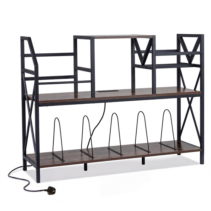 Record Player Stand with Vinyl Storage Power Outlets and Dividers for Albums-