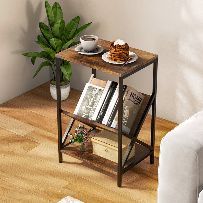 Record Player and Magazine Stand - 3-Tier Design with V-Shaped Holder in Rustic Brown - Ideal for Vinyl Enthusiasts and Magazine Collectors