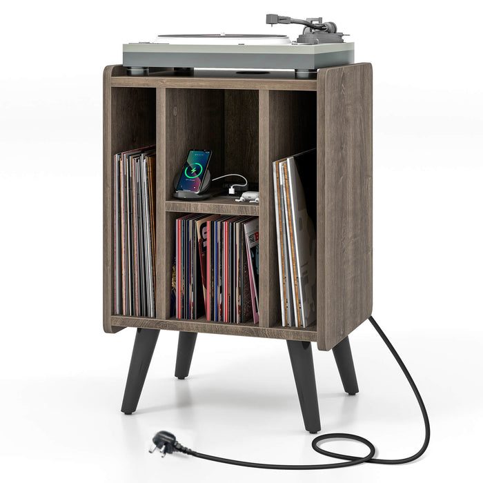 Record Player Stand - Features 4 Open Shelves, Power Outlet, USB Charging Port - Ideal for Music Enthusiasts and Clutter-free Living