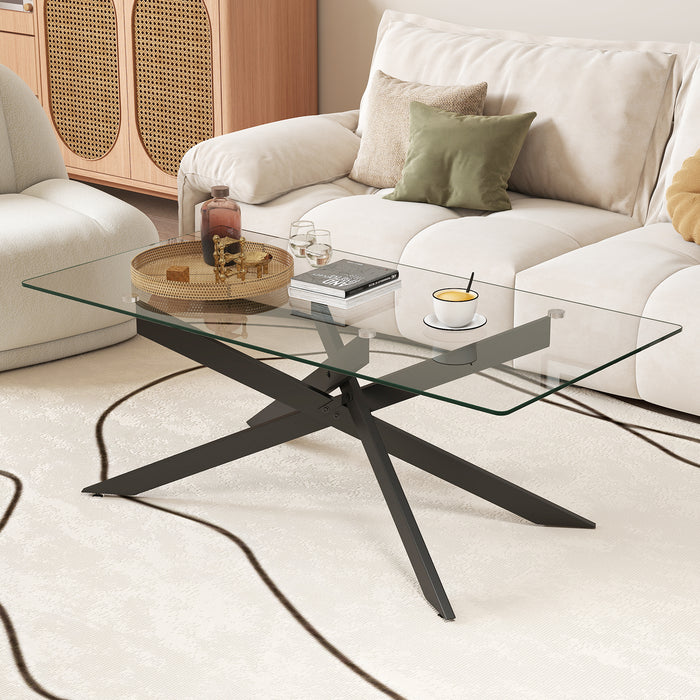 Rectangle Glass Coffee Table with Tempered Glass Top and Metal Tubular Legs-