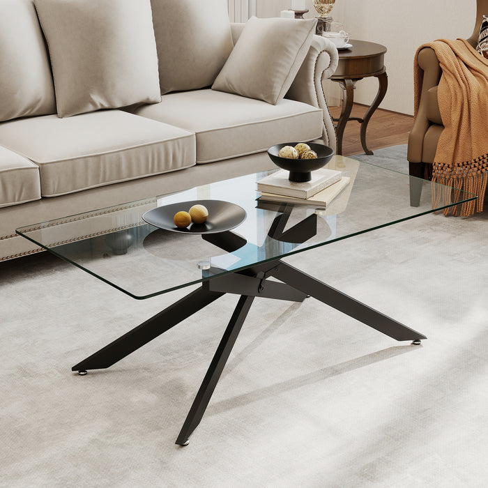 Rectangle Glass Coffee Table with Tempered Glass Top and Metal Tubular Legs-