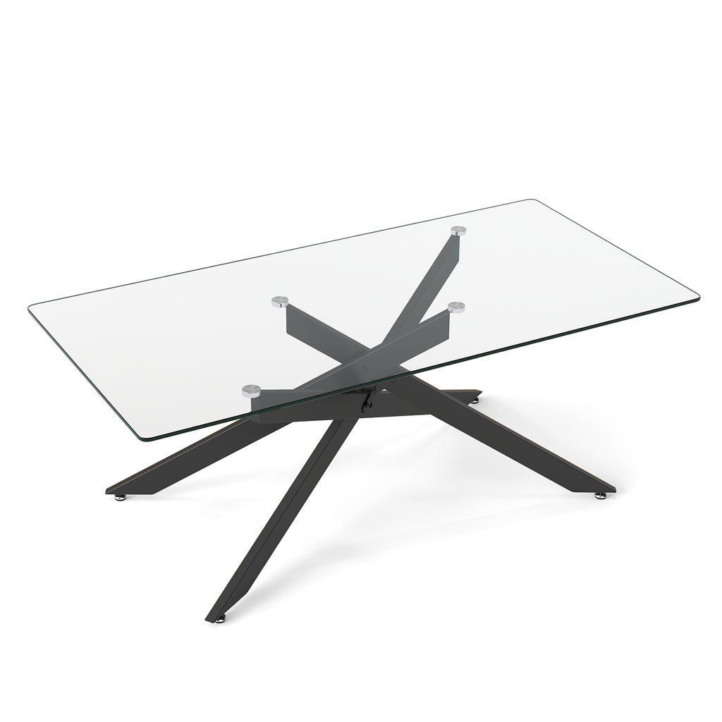 Rectangle Glass Coffee Table with Tempered Glass Top and Metal Tubular Legs-