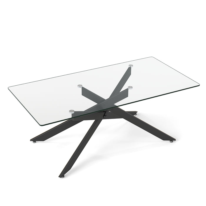 Rectangle Glass Coffee Table with Tempered Glass Top and Metal Tubular Legs-