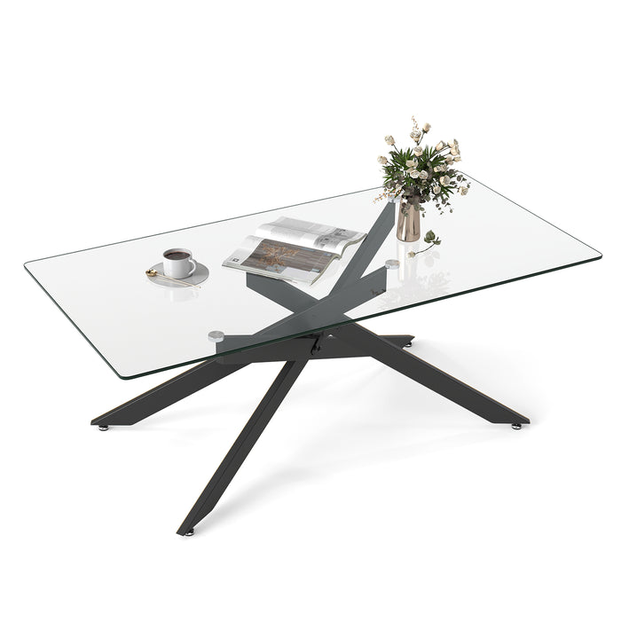 Rectangle Glass Coffee Table with Tempered Glass Top and Metal Tubular Legs-