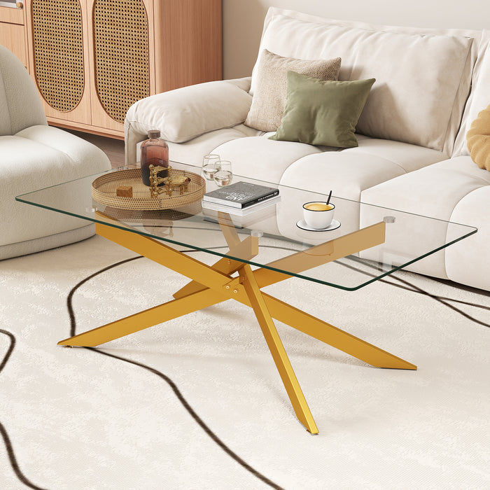 Rectangle Glass Coffee Table with Tempered Glass Top and Metal Tubular Legs-
