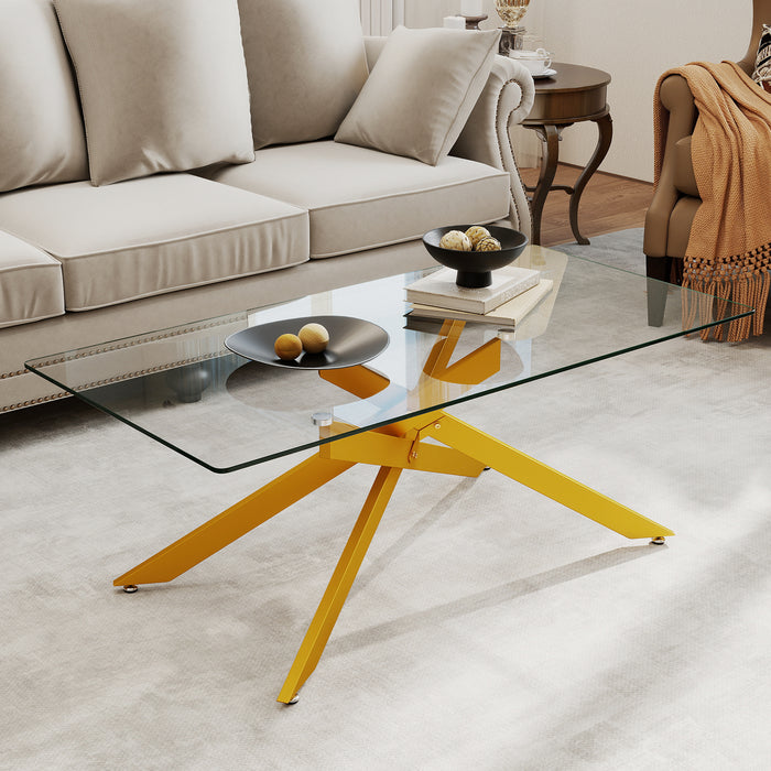 Rectangle Glass Coffee Table with Tempered Glass Top and Metal Tubular Legs-