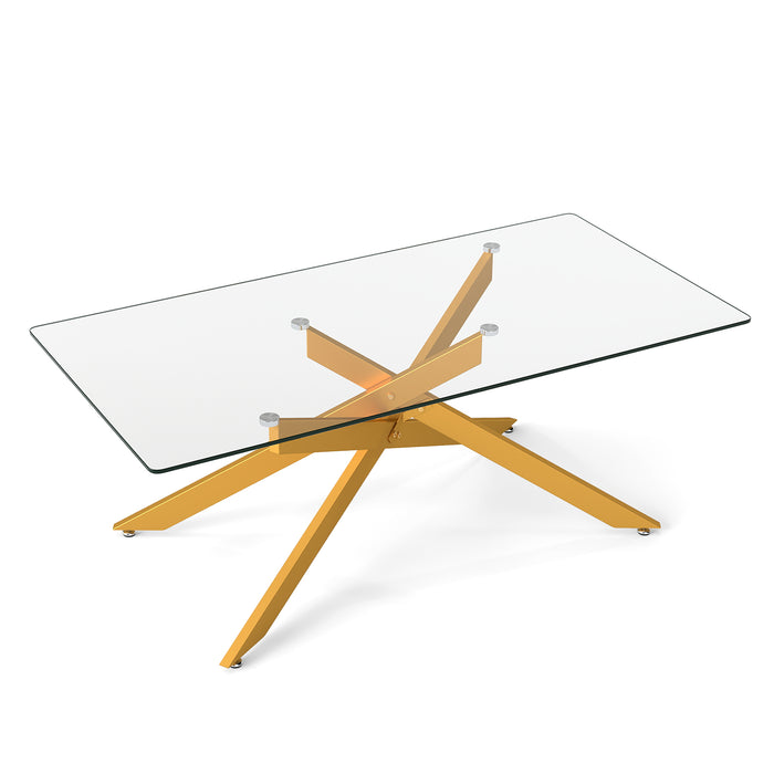 Rectangle Glass Coffee Table with Tempered Glass Top and Metal Tubular Legs-