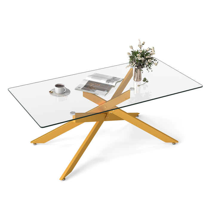 Rectangle Glass Coffee Table with Tempered Glass Top and Metal Tubular Legs-