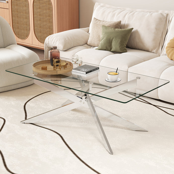 Rectangle Glass Coffee Table with Tempered Glass Top and Metal Tubular Legs-