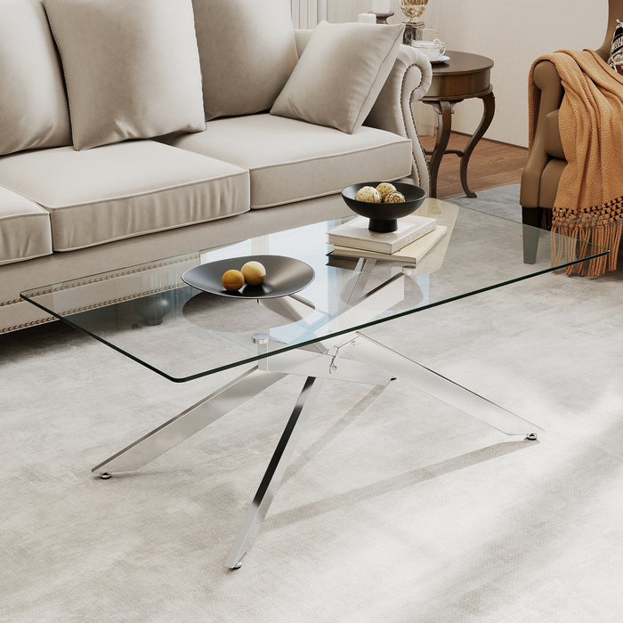 Rectangle Glass Coffee Table with Tempered Glass Top and Metal Tubular Legs-
