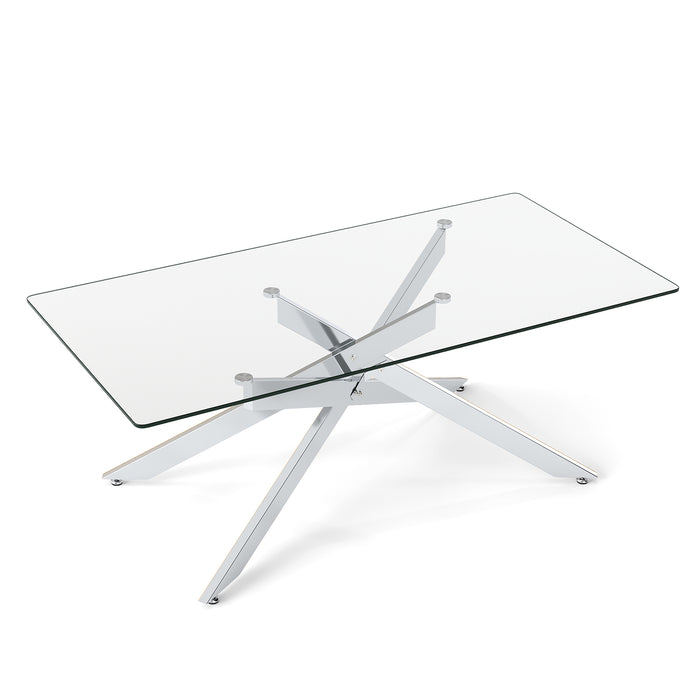 Rectangle Glass Coffee Table with Tempered Glass Top and Metal Tubular Legs-
