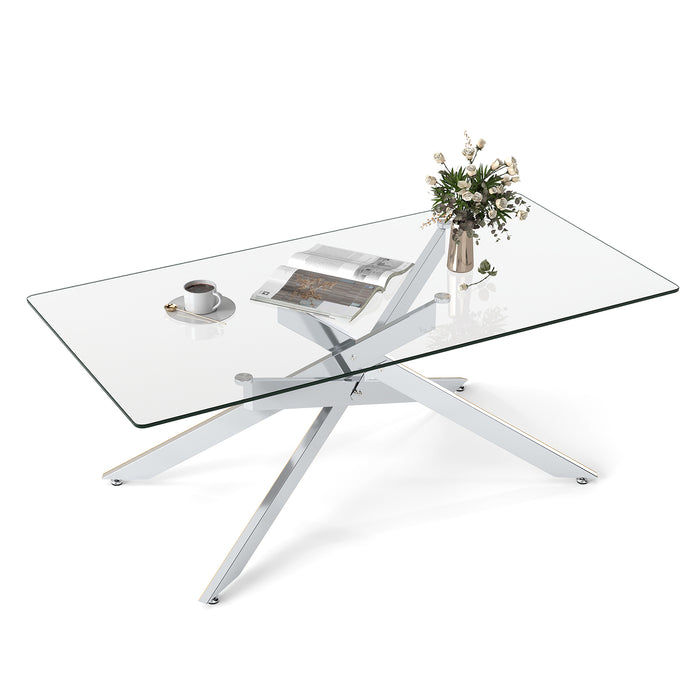 Rectangle Glass Coffee Table with Tempered Glass Top and Metal Tubular Legs-