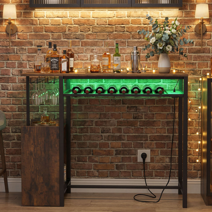 Rectangular Bar Table with RGB Light and 8-Bottle Wine Rack-