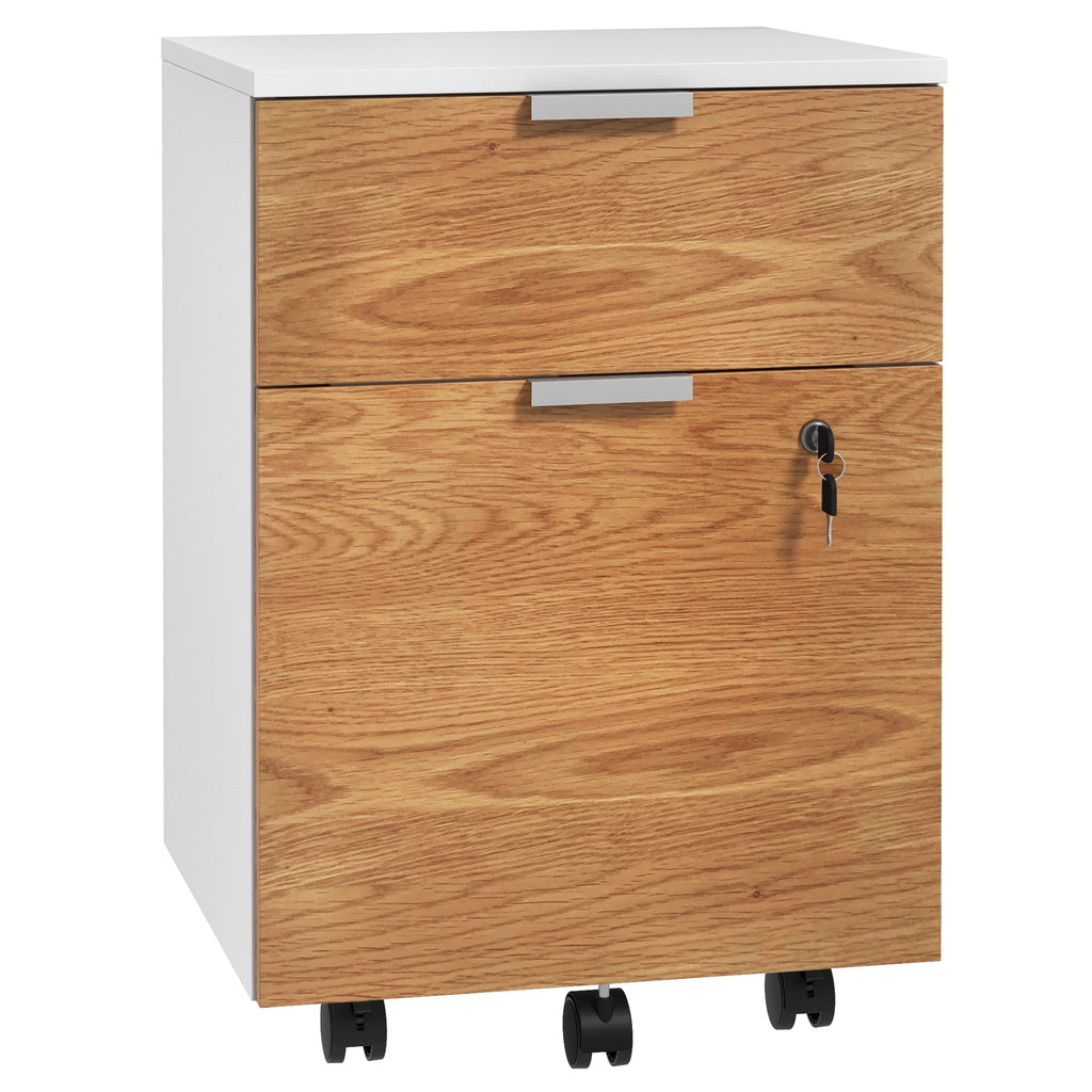 Mobile Filing Cabinet with Lock & Wheels - 2 Drawer Storage, Adjustable Hanging Bars for A4/Letter Size - Space-Saving Under Desk Office Organizer in White & Natural Wood Finish
