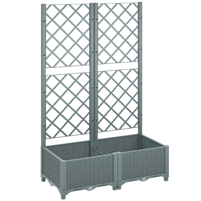 Outsunny Raised Garden Bed with Trellis, Plastic Planter Box with Drainage Holes, Drain Plugs and Water Reservoirs for Climbing Plants, Vegetables, Flowers, Grey