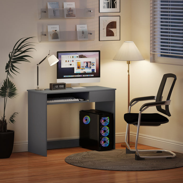 HOMCOM Compact Computer Desk with Keyboard Tray, Home Office Desk with Drawer for Bedroom Study, Grey