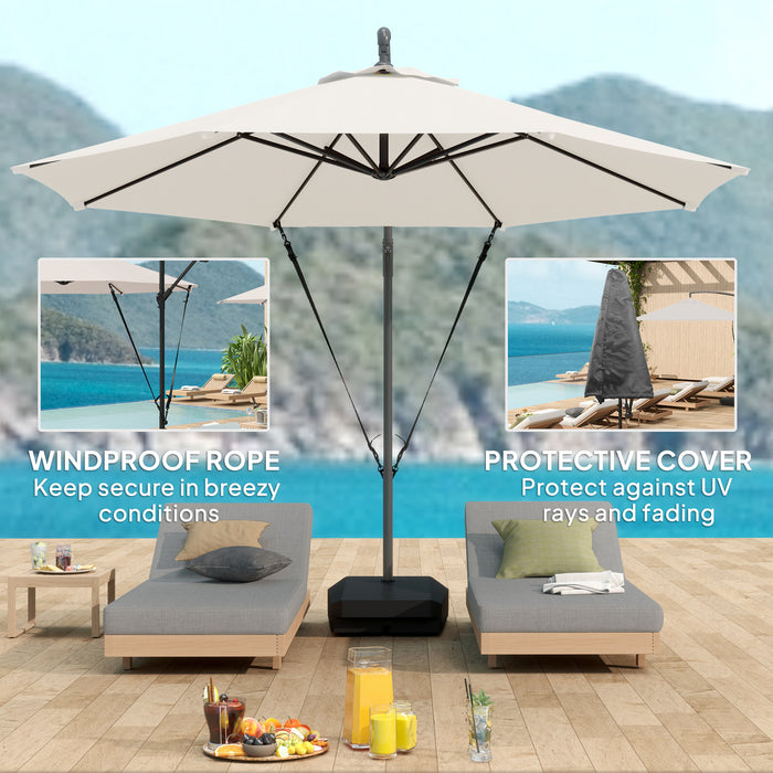 Outsunny 3(m) Garden Cantilever Parasol with Fillable Base, Wind Protection Strap, Cover, Round Banana Hanging Umbrella with Crank Handle and Tilt, Patio Umbrella for Outdoor Sun Shade, UPF50+, Cream