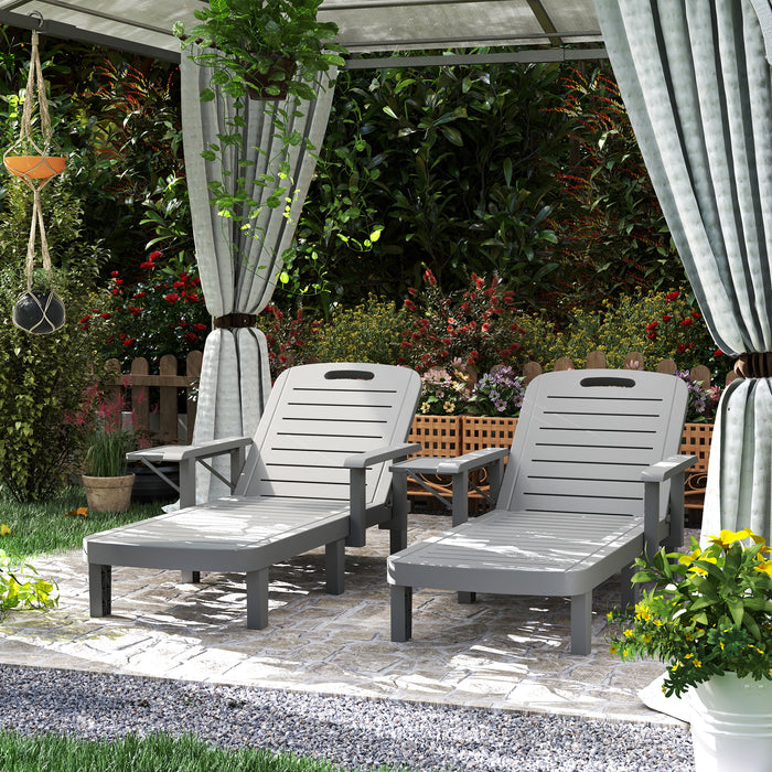 Outsunny Set of 2 Resin Reclining Sun Loungers for Garden, 5 Positions Adjustable Outdoor Chaise Lounge Chairs with Wood Texture Surface, Armrests, Foldable Side Table for Garden, Beach, Dark Grey