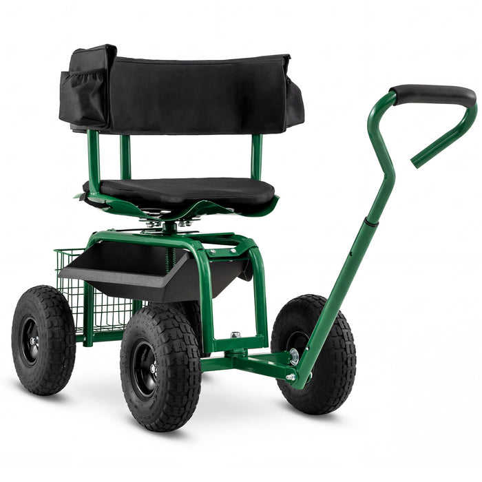 Rolling Garden Work Seat with Wheels Swivel Seat and Extendable Handle-