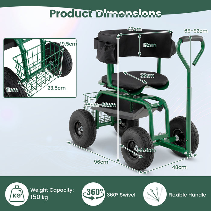 Rolling Garden Work Seat with Wheels Swivel Seat and Extendable Handle-