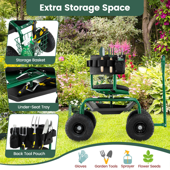 Rolling Garden Work Seat with Wheels Swivel Seat and Extendable Handle-