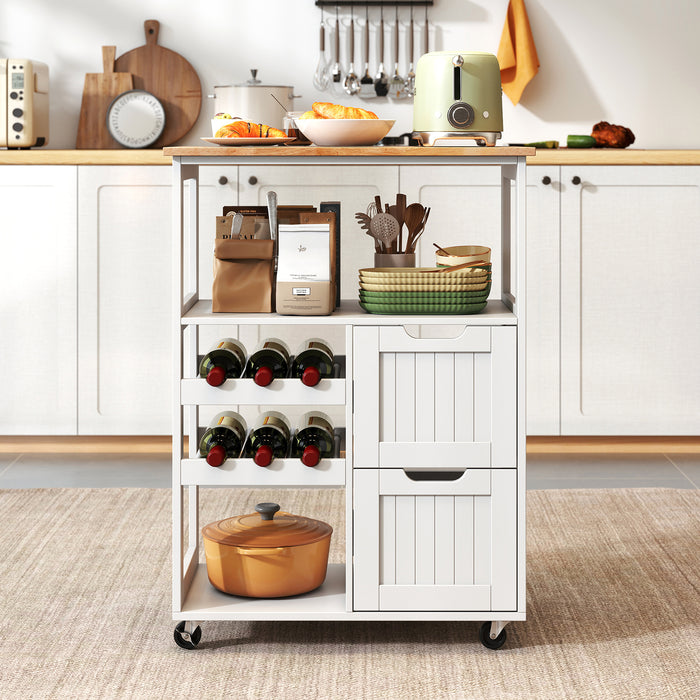 Rolling Kitchen Island Cart Solid Rubber Wood Top Serving Trolley with 2-Tier Wine Rack-White