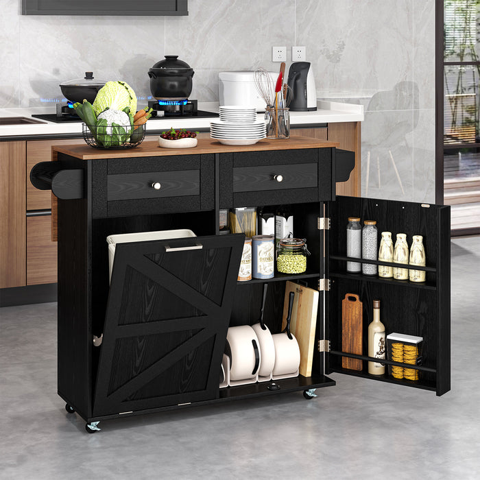 Rolling Kitchen Island with Drop Leaf Kitchen Cart with Tilt Out Trash Can Cabinet-