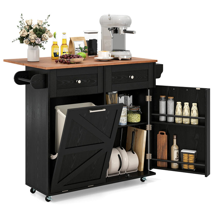 Rolling Kitchen Island with Drop Leaf Kitchen Cart with Tilt Out Trash Can Cabinet-
