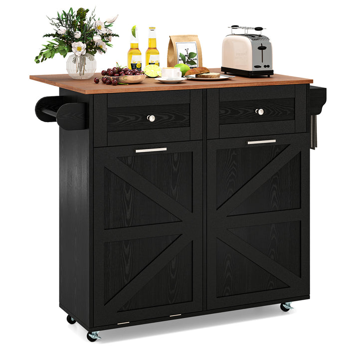 Rolling Kitchen Island with Drop Leaf Kitchen Cart with Tilt Out Trash Can Cabinet-