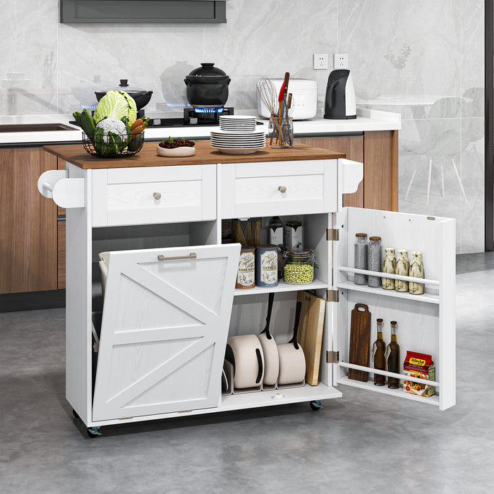 Rolling Kitchen Island with Drop Leaf Kitchen Cart with Tilt Out Trash Can Cabinet-
