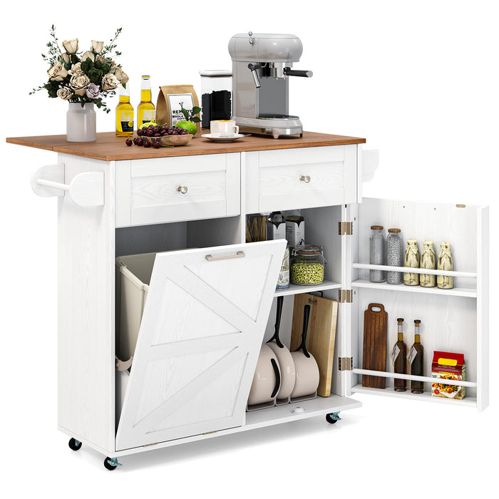 Rolling Kitchen Island with Drop Leaf Kitchen Cart with Tilt Out Trash Can Cabinet-