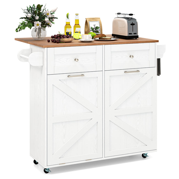 Rolling Kitchen Island with Drop Leaf Kitchen Cart with Tilt Out Trash Can Cabinet-