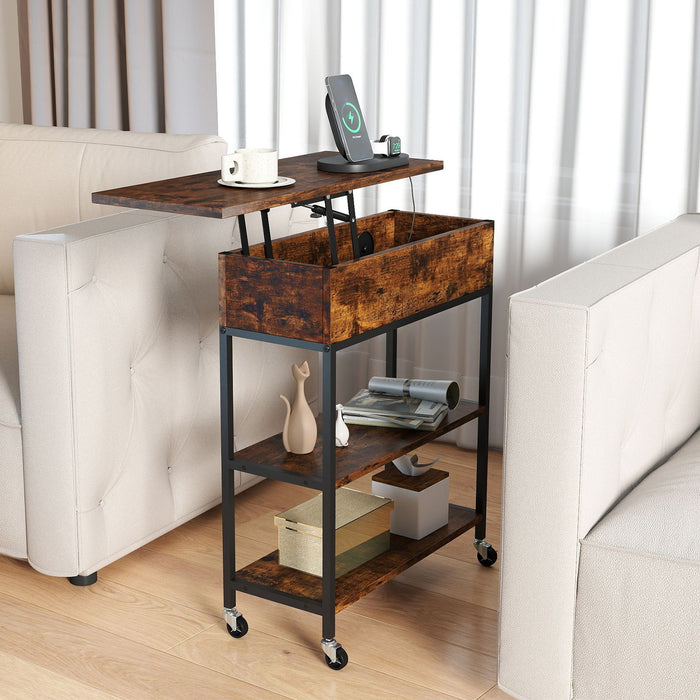 Rolling Lift Top End Table with Charging Station & Hidden Compartment for Living Room-