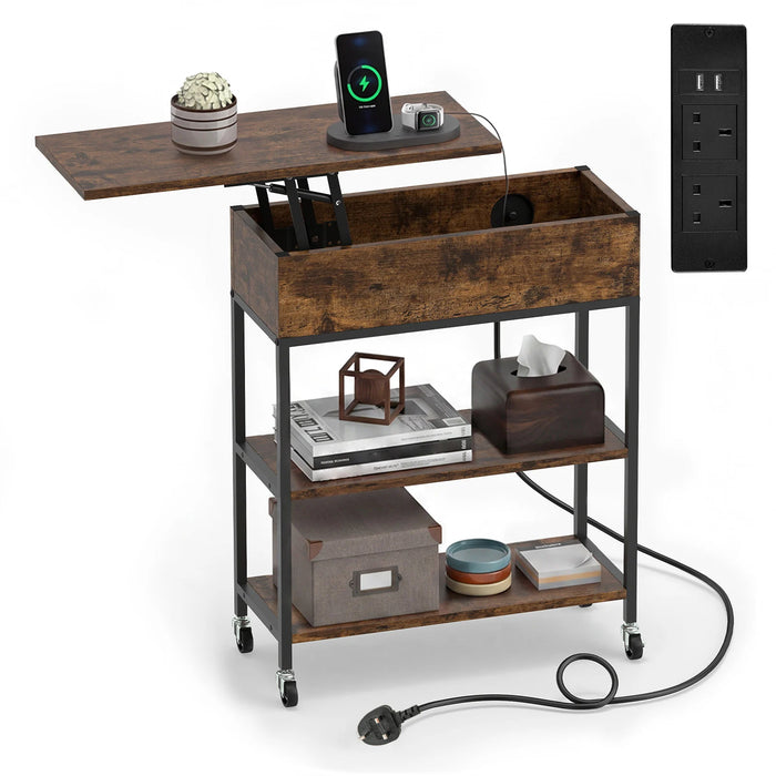 Rolling Lift Top End Table with Charging Station & Hidden Compartment for Living Room-