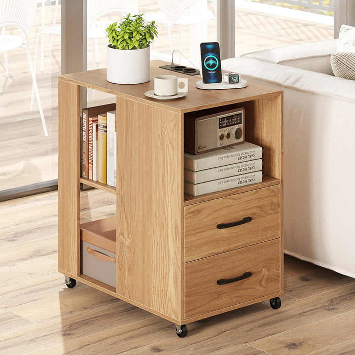 Rolling Nightstand with Storage Drawers and Shelves for Bedroom Set of 2-