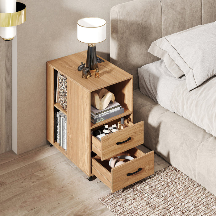 Rolling Nightstand with Storage Drawers and Shelves for Bedroom Set of 2-