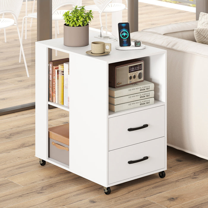 Rolling Nightstand with Storage Drawers and Shelves for Bedroom Set of 2-