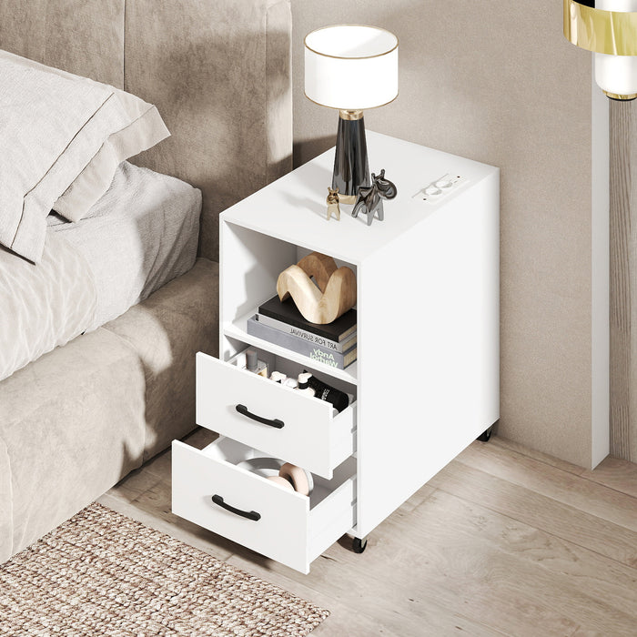 Rolling Nightstand with Storage Drawers and Shelves for Bedroom Set of 2-