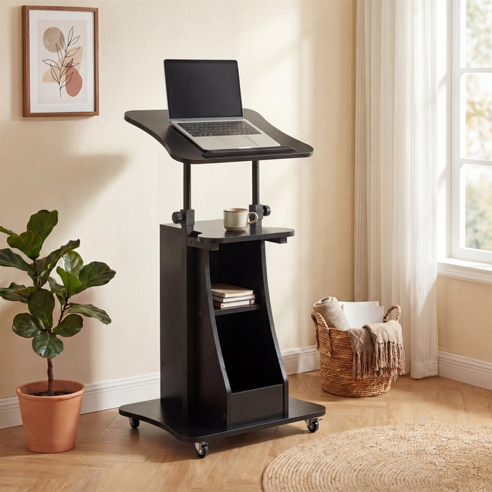 Rolling Podium Stand with Tilting Tabletop and Storage Shelves for Office-