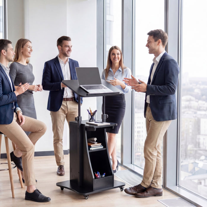 Rolling Podium Stand with Tilting Tabletop and Storage Shelves for Office-